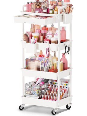 4-Tier Rolling Makeup Organizer Cart with Removable Drawer - White Beauty